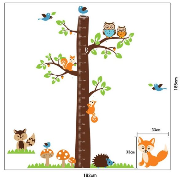 Sticker de perete măsurător de înălțime cu bufniţe, veveriţe şi alte animale din pădure