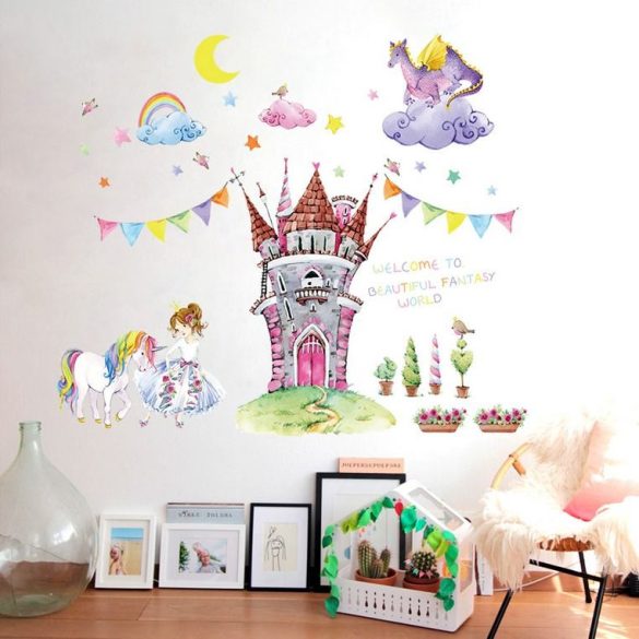 Sticker de perete cu castel cu balaur și unicorn
