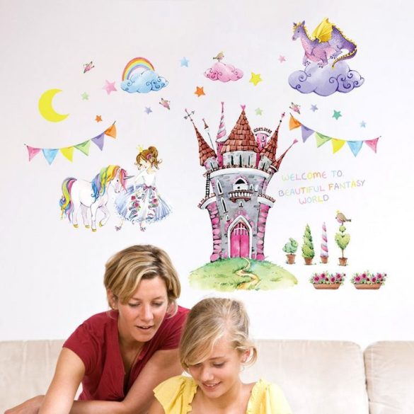 Sticker de perete cu castel cu balaur și unicorn