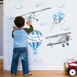 Sticker de perete pastel cu avioane și balon cu aer cald