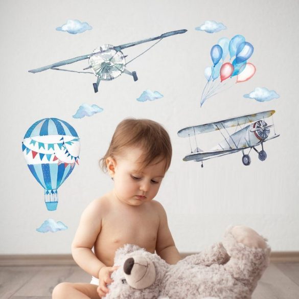 Sticker de perete pastel cu avioane și balon cu aer cald