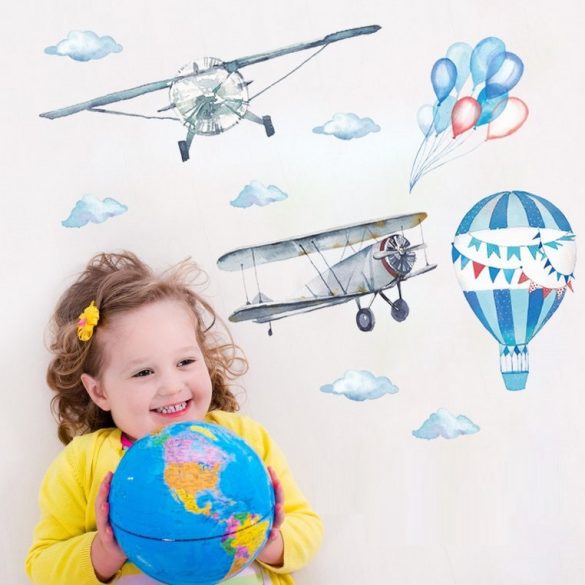 Sticker de perete pastel cu avioane și balon cu aer cald