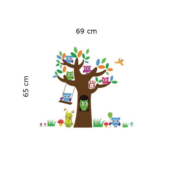 Sticker perete copac cu trunchi robust, bufniţe şi leagăn
