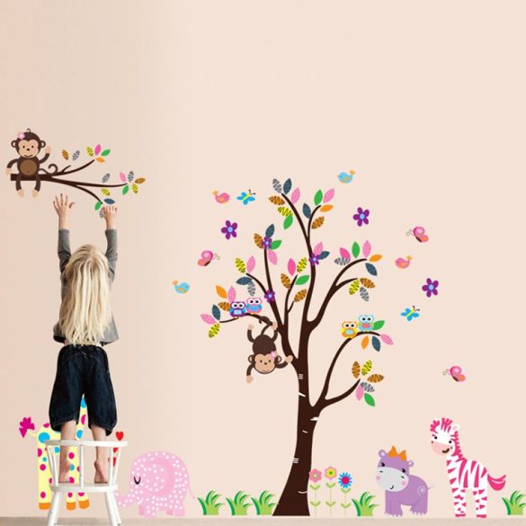 Sticker de perete cu copac vesel, cu flori, elefant, girafă, hipopotam, zebră, maimuţe