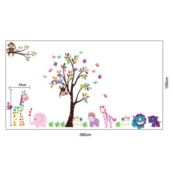 Sticker de perete cu copac vesel, cu flori, elefant, girafă, hipopotam, zebră, maimuţe