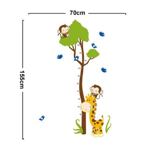 Sticker perete pentru măsurarea înălţimii cu girafă, maimuţă, păsări